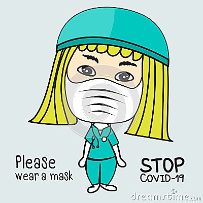 Cute female doctor characters wearing medical mask standing next to word- Please wear a mask- stop covid-19 Vector Illustration