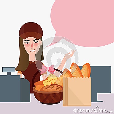 Girl cashier food store bread supermarket counter grocery retail Vector Illustration