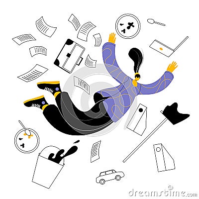 A girl in casual clothes levitates among office stuff and home life Vector Illustration