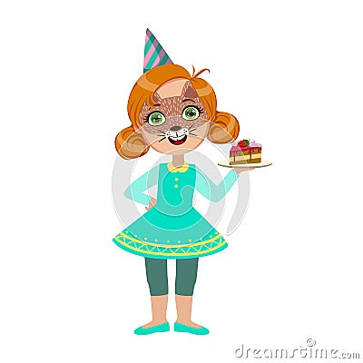 Girl In Cat Mask With Cake Piece, Part Of Kids At The Birthday Party Set Of Cute Cartoon Characters With Celebration Vector Illustration