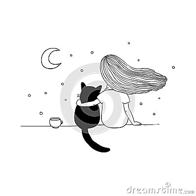 Girl and a cat on the roof Vector Illustration