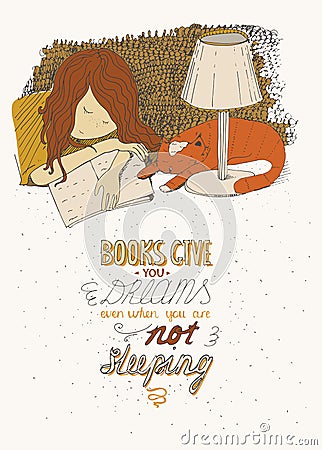 Girl and cat sleeping on book. Vector hand drawn colorful large illustration, made with ink, on beige background, with simple Cartoon Illustration