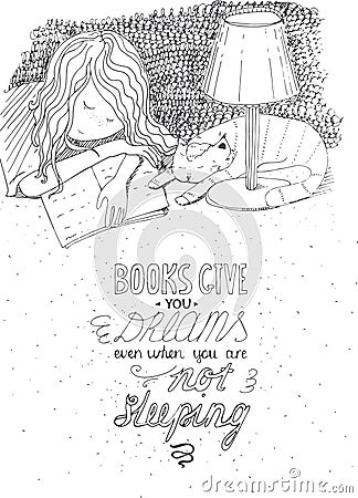 Girl and cat sleeping on book. Vector hand drawn illustration, made with black ink, white paper. Cartoon Illustration
