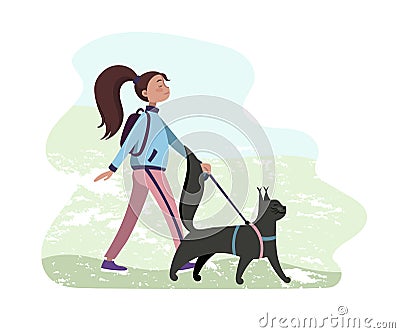 Girl and cat vector illustration, walking together Vector Illustration