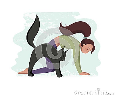 Girl and cat vector illustration, yoga practicing together Vector Illustration