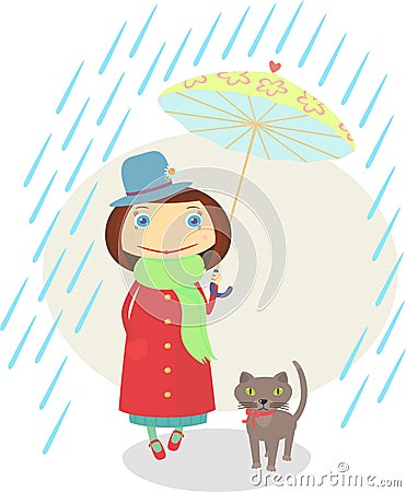 Girl with a cat walking under an umbrella in the r Vector Illustration