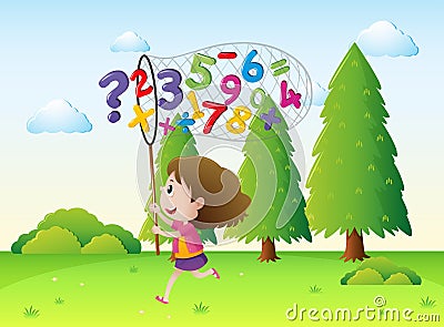 Girl catching numbers and math signs in the park Vector Illustration