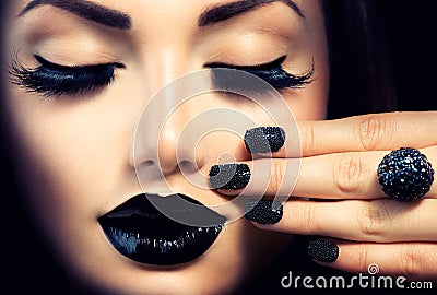 Girl with Caviar Black Manicure Stock Photo