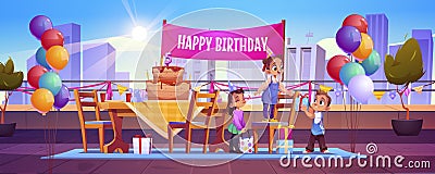 Girl celebrate birthday with friends at house roof Vector Illustration