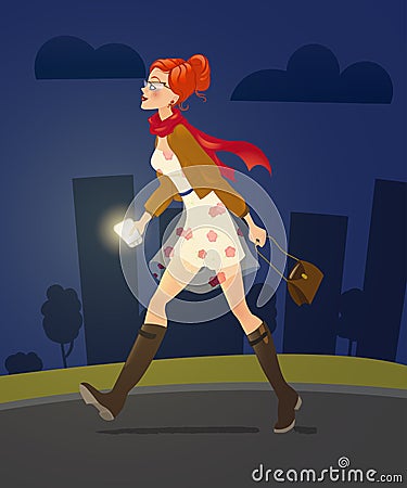 Girl with cellphone walking alone at night alley. woman character. Vector Illustration