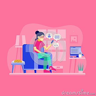 Girl on Chair Surfing on Social Networks Vector Illustration