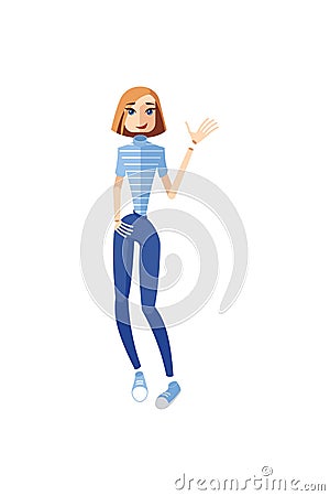 Girl character in a blue tshirt standing greeting and waving. Female character in a striped shirt and blue pants giving hi five. M Vector Illustration