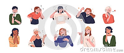 Girl character with different face expressions, hand gestures. Young women, happy, puzzled, surprised emotions. Female Vector Illustration