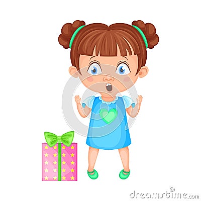 Girl Character Surprised Because of Gift Box Vector Illustration Vector Illustration