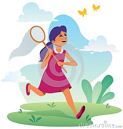 Girl Chasing Butterflies Vector Illustration