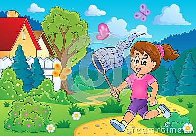 Girl chasing butterflies theme image 3 Vector Illustration