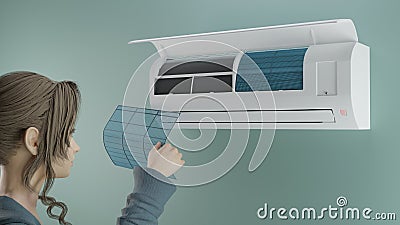 The girl checks the cleanliness of the filter in the air conditioner. 3d Stock Photo