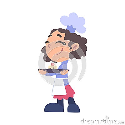 Girl Chef Cook Holding Plate with Cupcake, Cute Child Cooker Character Wearing White Hat and Apron Cooking Delicious Vector Illustration