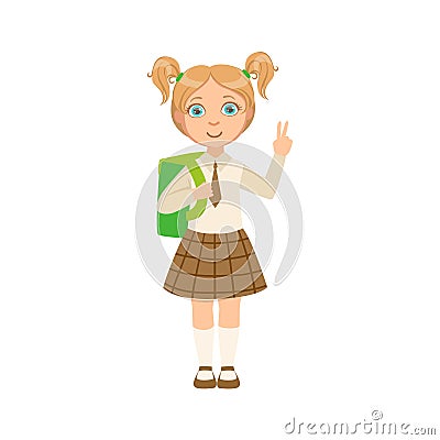 Girl In Chekered Skirt With Tie Happy Schoolkid In School Uniform Standing And Smiling Cartoon Character Vector Illustration