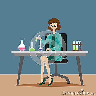 A girl chemist or assistant conducts chemical or biological experiments on mixing solutions. New scientific discoveries Vector Illustration