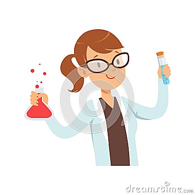 Girl chemist character, female scientist in white coat holding test flask vector Illustration Vector Illustration