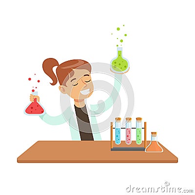 Girl Chemist and Chemical Experiment, Kid Doing Science Research Dreaming Of Becoming Professional Scientist In The Vector Illustration