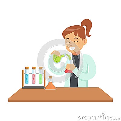 Girl Chemist Experimenting, Kid Doing Chemistry Science Research Dreaming Of Becoming Professional Scientist In The Vector Illustration