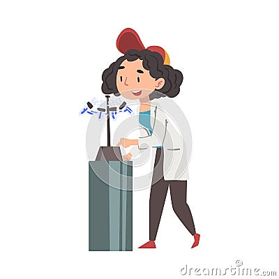 Girl Chemist Scientist, Doctor or Student Character in White Coat Working at Medical or Researching Laboratory Cartoon Vector Illustration