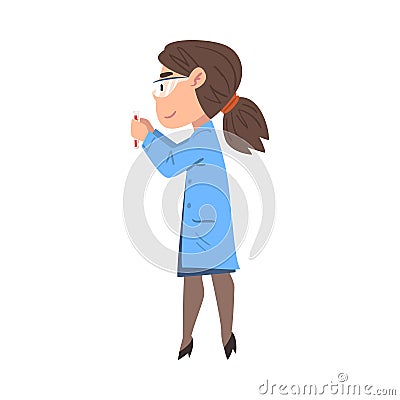 Girl Chemist Scientist Holding Test Flask, Female Student Character in Lab Coat Working at Researching Laboratory Vector Illustration