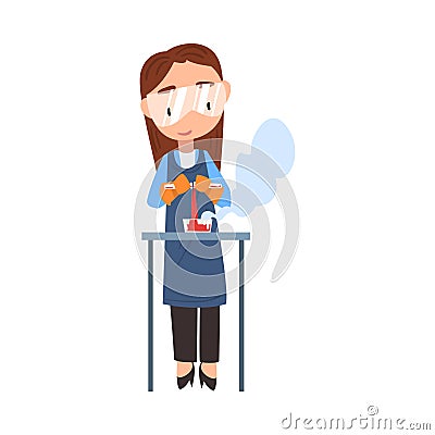 Girl Chemist Scientist, Student Character in Lab Coat and Apron Working at Researching Laboratory Cartoon Style Vector Vector Illustration