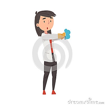 Girl Chemist Scientist with Test Flask, Doctor or Student Character in White Coat Working at Medical or Researching Vector Illustration