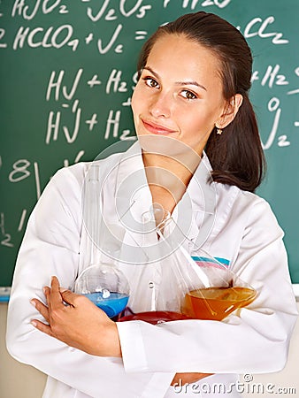 Girl chemistry student with flask. Stock Photo