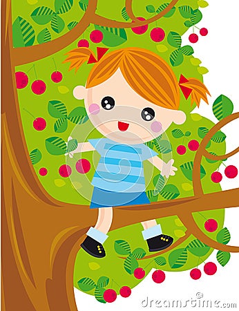 Girl on cherry tree Stock Photo