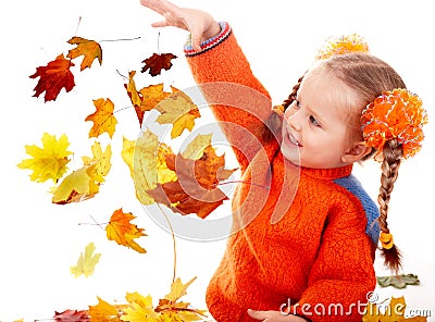 Girl child in autumn orange leaves. Fall sale. Stock Photo
