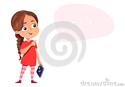 Girl child with book point at speech bubble Vector Illustration