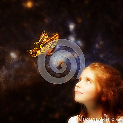 Girl with glowing butterfly like optimistic hope dream future concept Stock Photo