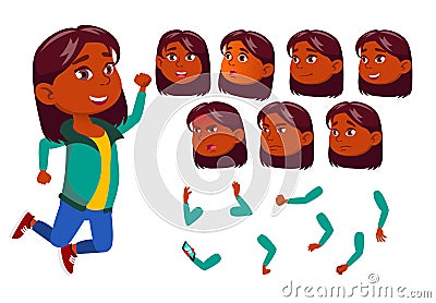 Girl, Child, Kid, Teen Vector. Indian, Hindu. Asian. Happy Childhood. Face Emotions, Various Gestures. Animation Vector Illustration