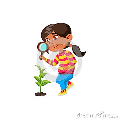 Girl Child Researching Plant With Magnifier Vector Vector Illustration