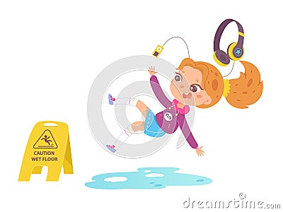 Girl child slipping on wet slippery floor, clumsy kid listening to music, fall accident Vector Illustration