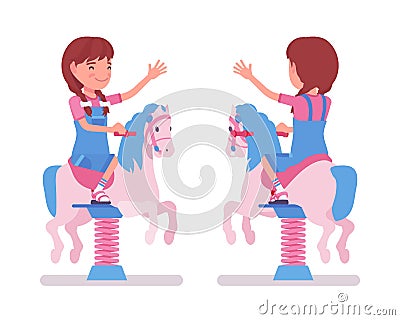 Girl child 7-9 yo school age kid on horse spring rider Vector Illustration