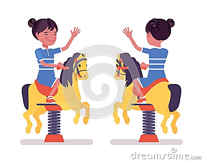 Girl child 7, 9 yo school black kid, horse spring rider Vector Illustration