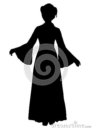 Girl in Chinese national costume silhouette, vector outline portrait, black and white contour drawing. Asian woman full-length in Vector Illustration