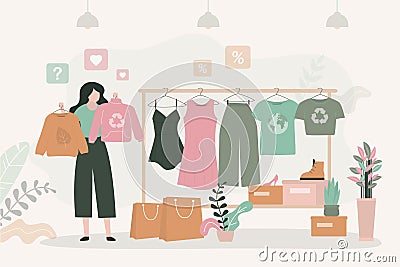 Girl chooses clothes from ethical material. Various recycled clothes hanging on hanger Vector Illustration