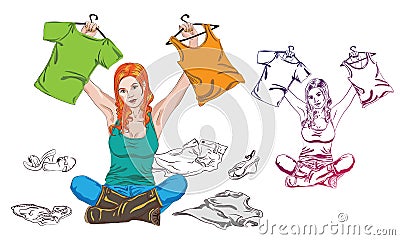 the girl chooses clothes sitting on the floor with hangers in hand chooses an outfit from Vector Illustration