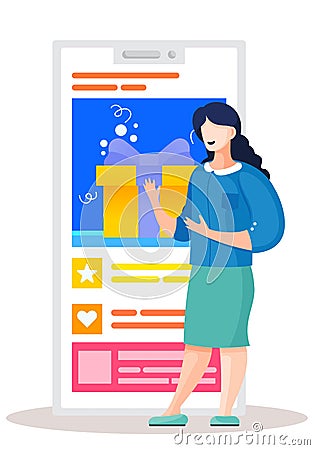 The girl chooses a gift on her app in the smartphone. Smiling woman talking about the application Vector Illustration