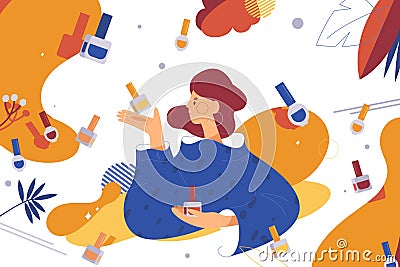 Girl chooses nail polish concept scene. Fashion beauty woman with lots of bottles vibrant colors vector illustration Cartoon Illustration