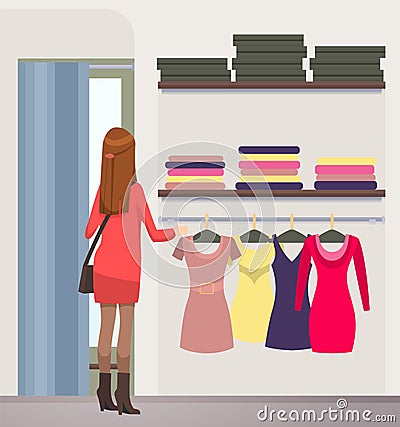 Girl chooses outfit in wardrobe at home or in boutique. Lady in dress chooses garment while shopping Vector Illustration