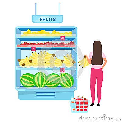 Girl choosing fruits in greengrocery flat vector illustration Vector Illustration