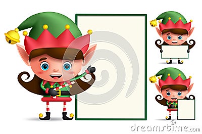 Girl christmas elf vector character set holding empty white board Vector Illustration