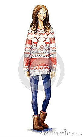 Girl in a christmas sweater. Christmas look Cartoon Illustration